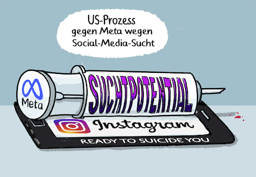 Cartoon: Meta (medium) by markus-grolik tagged meta,prozess,kalifornien,sucht,suchtpotential,selbstmord,kinder,jugendliche,us,usa,klage,gericht,social,media,instagram,meta,prozess,kalifornien,sucht,suchtpotential,selbstmord,kinder,jugendliche,us,usa,klage,gericht,social,media,instagram