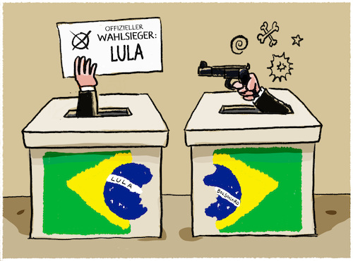 Cartoon: Nach der Wahl... (medium) by markus-grolik tagged lula,bolsonaro,brasilien,demokratie,wahl,wahlergebnis,populismus,trump,rechtspopulisten,lula,bolsonaro,brasilien,demokratie,wahl,wahlergebnis,populismus,trump,rechtspopulisten