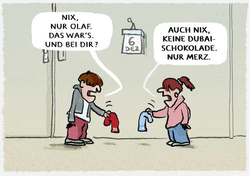 Cartoon: Nikolausige Zeiten (medium) by markus-grolik tagged socken,nikolaus,geschenke,deutschland,merz,scholz,dubaischokolade,wahlkampf,dubai,schokolade,wahlwerbung,neuwahlen,socken,nikolaus,geschenke,deutschland,merz,scholz,dubaischokolade,wahlkampf,dubai,schokolade,wahlwerbung,neuwahlen