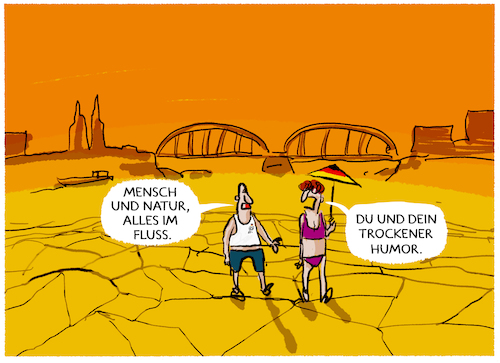 Cartoon: Pegelstand... (medium) by markus-grolik tagged rhein,trockenheit,hitze,klima,niedrigwasser,deutschland,hitzewelle,sommer,extremwetter,rhein,trockenheit,hitze,klima,niedrigwasser,deutschland,hitzewelle,sommer,extremwetter