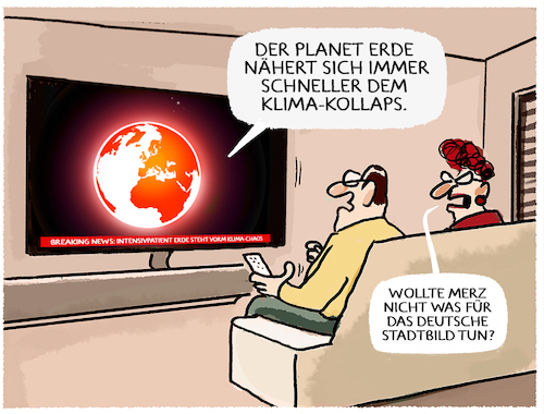 Cartoon: Prioritäten in der Klimakrise... (medium) by markus-grolik tagged bundeskanzler,cdu,klimachaos,klima,intensivpatient,erde,planet,klimawandel,erderwaermung,stadtbild,merz,deutschland,prioritäten,bundeskanzler,cdu,klimachaos,klima,intensivpatient,erde,planet,klimawandel,erderwaermung,stadtbild,merz,deutschland,prioritäten