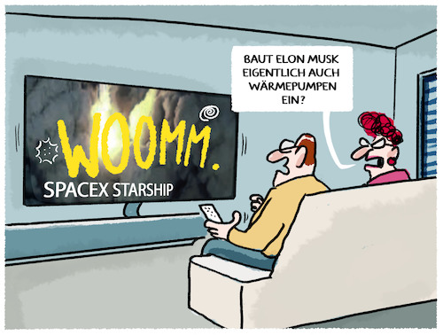 Cartoon: SpaceX Rakete explodiert (medium) by markus-grolik tagged spacex,rakete,mars,elon,musk,nasa,waermepumpe,weltall,co2,ausstoss,modernisierung,energiewende,klimawandel,spacex,rakete,mars,elon,musk,nasa,waermepumpe,weltall,co2,ausstoss,modernisierung,energiewende,klimawandel