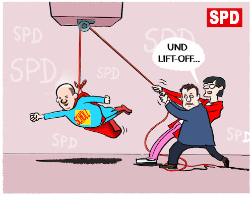 Cartoon: Scholz auf Höhenflug.... (medium) by markus-grolik tagged spd,scholz,olaf,kanzlerkandidatur,pistorius,kanzler,vertrauensfrage,bundestag,bundesregierung,machtkampf,deutschland,kanzlerkandidaten,spd,scholz