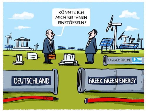 Cartoon: Scholz in Griechenland.. (medium) by markus-grolik tagged scholz,bundeskanzler,antrittsbesuch,energiekrise,energiepolitik,gas,gaspreise,pipeline,eastmed,athen,solar,windenergie,deutschland,eurokrise,scholz,bundeskanzler,antrittsbesuch,energiekrise,energiepolitik,gas,gaspreise,pipeline,eastmed,athen,solar,windenergie,deutschland,eurokrise
