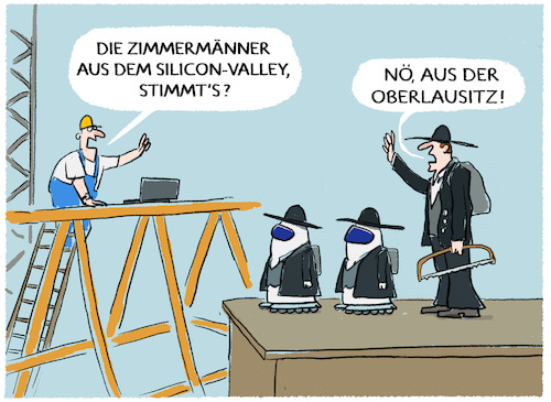 Cartoon: Silicon Valley... (medium) by markus-grolik tagged valley,bots,zimmerleute,handwerk,bauarbeiter,deutschland,digitalisierung,ki,automatisierung,baustelle,silicon,handwerker,valley,bots,zimmerleute,handwerk,bauarbeiter,deutschland,digitalisierung,ki,automatisierung,baustelle,silicon,handwerker