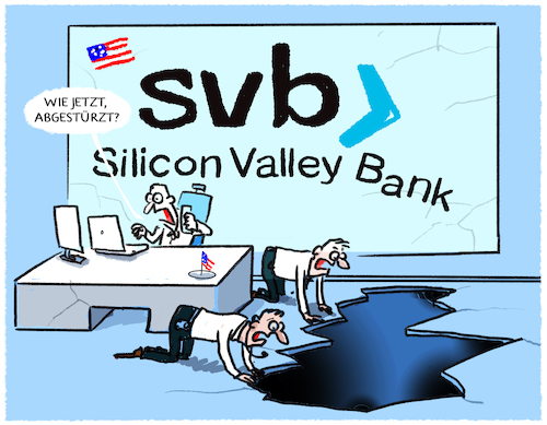 Cartoon: Silicon Valley Banking.. (medium) by markus-grolik tagged silicon,valley,bank,svb,tech,kurseinbruch,boerse,usa,silicon,valley,bank,svb,tech,kurseinbruch,boerse,usa