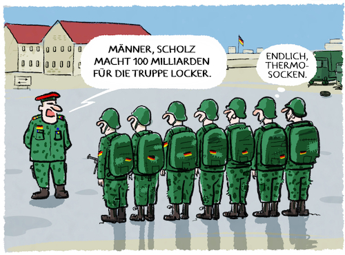 Cartoon: Sondervermögen (medium) by markus-grolik tagged scholz,deutschland,nato,bundeswehr,militaer,verteidigung,haushalt,waffen,ruestungsindustrie,sondervermoegen,beschaffungswesen,ausruestung,wehrfaehigkeit,modernisierung,socken,scholz,deutschland,nato,bundeswehr,militaer,verteidigung,haushalt,waffen,ruestungsindustrie,sondervermoegen,beschaffungswesen,ausruestung,wehrfaehigkeit,modernisierung,socken