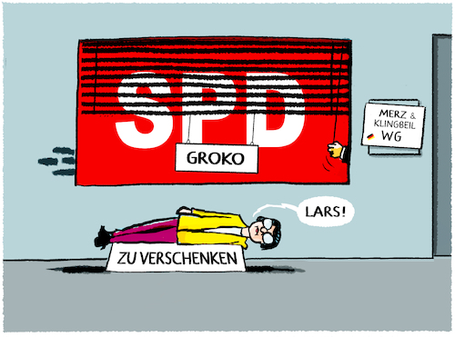 Cartoon: SPD stimmt Koalitionsvertrag zu (medium) by markus-grolik tagged groko,regierungsbildung,mitgliederentscheid,spd,vizekanzler,klingbeil,saskia,esken,koalitionsvertrag,merz,union,bundesregierung,deutschland,partei,parteivorstand,groko,regierungsbildung,mitgliederentscheid,spd,vizekanzler,klingbeil,saskia,esken,koalitionsvertrag,merz,union,bundesregierung,deutschland,partei,parteivorstand