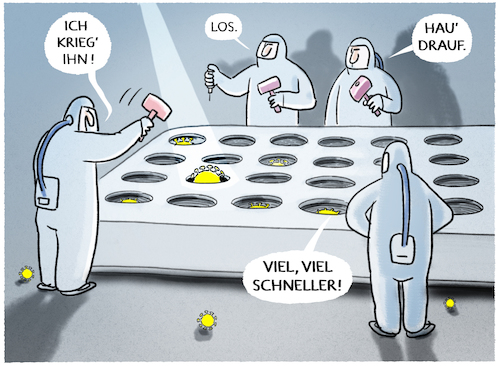 Cartoon: Testlabor (medium) by markus-grolik tagged pandemie,impfen,forschung,schneller,wissenschaftler,zeitnot,corona,labor,impfstoff,test,virus,experten,pandemie,impfen,forschung,schneller,wissenschaftler,zeitnot,corona,labor,impfstoff,test,virus,experten