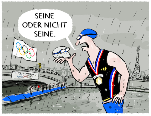 Cartoon: Traithlon Finale Paris... (medium) by markus-grolik tagged olympischen,spiele,freiwasserschwimmen,seine,wasserqualitaet,kanalisation,wasser,klaeranlage,medaillen,ausscheidungen,finale,triathlon,ioc,olympischen,spiele,freiwasserschwimmen,seine,wasserqualitaet,kanalisation,wasser,klaeranlage,medaillen,ausscheidungen,finale,triathlon,ioc