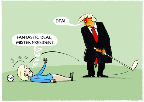 Cartoon: Trump-EU-Zölle... (medium) by markus-grolik tagged praesident,trump,usa,maga,zoll,zoelle,verhandlungen,bruessel,eu,europa,von,der,leyen,kommissionschefin,schottland,golf,golfressort,praesident,trump,usa,maga,zoll,zoelle,verhandlungen,bruessel,eu,europa,von,der,leyen,kommissionschefin,schottland,golf,golfressort