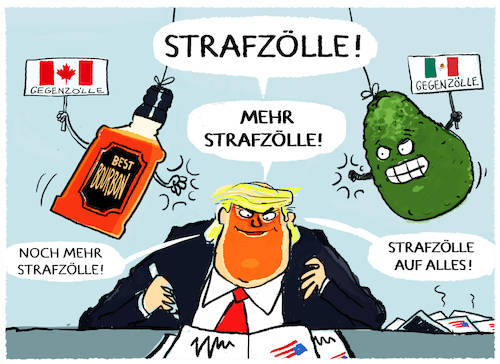 Cartoon: Trumps Handelskrieg... (medium) by markus-grolik tagged handelskrrieg,strafzölle,usa,us,mexiko,kanada,zollandrohung,konsum,produkte,bitcoinn,zoll,gegenzoll,wirtschaft,avocado,bier,bourbon,trudeau,handelskrrieg,strafzölle,usa,us,mexiko,kanada,waen,zoll,gegenzoll,wirtschaft,avocado,bier,bourbon,trudeau