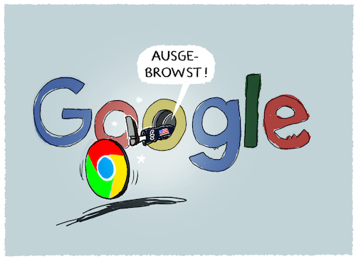 Cartoon: US-Gericht verbietet Chrome (medium) by markus-grolik tagged chrome,google,monopol,suchmaschine,browser,us,konzern,internet,chrome,google,monopol,suchmaschine,browser,us,konzern,internet