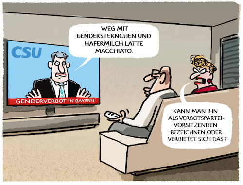 Cartoon: Verbotspartei (medium) by markus-grolik tagged soeder,verbote,gendern,bayern,schulen,behoerden,sprache,gendersternchen,csu,populismus,verbotspartei,soeder,verbote,gendern,bayern,schulen,behoerden,sprache,gendersternchen,csu,populismus,verbotspartei