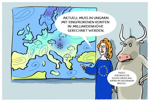 Cartoon: Wetterlage... (medium) by markus-grolik tagged ungarn,bruessel,europa,orban,rechtsstaat,korruption,katar,bestechung,ungarn,bruessel,europa,orban,rechtsstaat,korruption,katar,bestechung