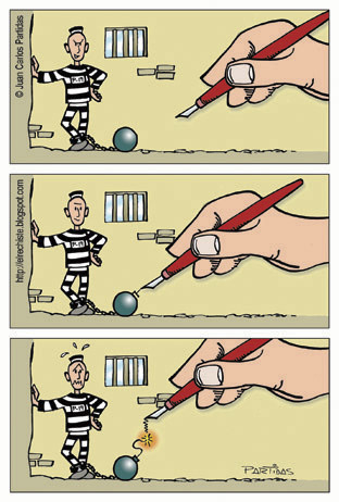 Cartoon: Boom (medium) by Juan Carlos Partidas tagged jail,convicted,preso,carcel,bomba,bomb,boom,pen,artist,cartoonist,pluma,artista,dibujante,caricaturista