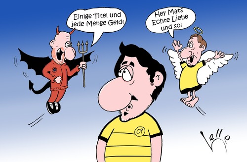 Cartoon: Wechselgedanken von Hummels (medium) by Lelle tagged lelle,sammer,matthias,watzke,fcb,bvb,engelchen,teufelchen,engel,teufel,fußball,gerüchte,angebot,dortmund,borussia,münchen,bayern,wechselgedanken,gedanken,wechsel,hummels,mats,cartoons