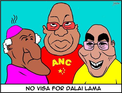 Cartoon: DALAI LAMA VISA (medium) by Thamalakane tagged dalai,lama,desmond,tutu,jacob,zuma,anc,south,africa,china,visa