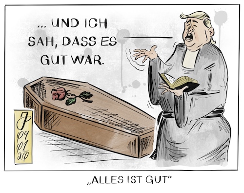 Cartoon: Alles ist gut (medium) by Justen tagged trump,usa,iran,soleimani,krieg,anschlag,terror,trump,usa,iran,soleimani,krieg,anschlag,terror