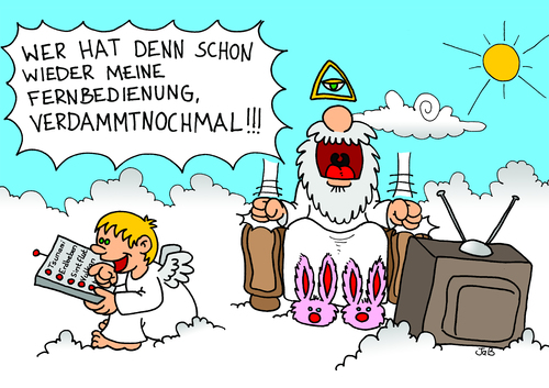 Cartoon: göttliches Wetter (medium) by Bruder JaB tagged gott,engel,klimawandel,unwetter,katastrophen,fernbedienung