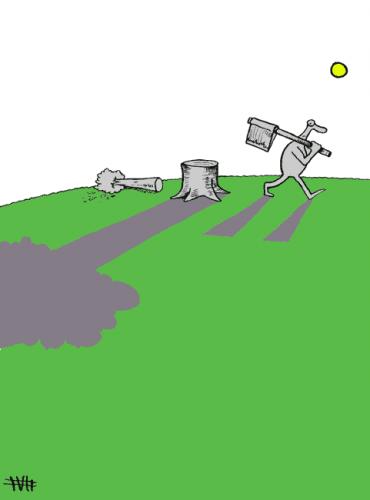 Cartoon: committing suicide (medium) by Mohsen Zarifian tagged tree,suicide,killing,shadow,green,nature,jungle,helve,hatchet,axe