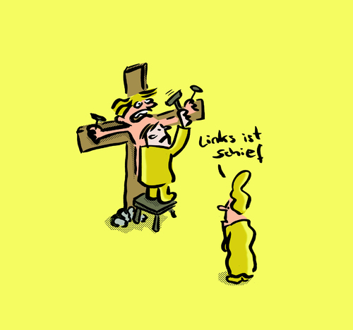 Cartoon: Links ist schief (medium) by Ludwig tagged jesus,kreuz,schief,frau,mann,nagel,kreuzigung