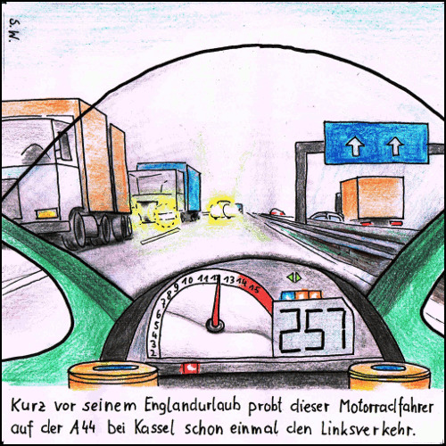 Cartoon: Englandurlaub (medium) by Storch tagged linksverkehr,motorrad,a44,kassel,geisterfahrer