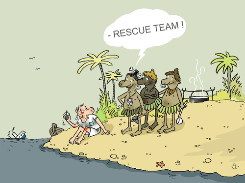 Cartoon: Rescue service (medium) by Vasiliy tagged rescuer,rescue,service,team,shipwreck,island,ocean,sea,cruise,vacation,tourism,travel,adventure,native,lunch,help,phone,call,mobile,911,liner,boat,ship,cannibal,misfortune