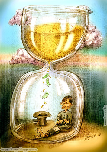 Cartoon: Time is money (medium) by hopsy tagged time,is,money,riches,richness,sucess,life,aim,pink,clouds,mountain,beggar,hat,hour,glass,sand,minute