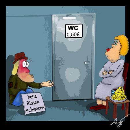Cartoon: Blasenschwäche (medium) by Anjo tagged toilette,klo,pipi,blasenschwäche,arm,betteln,wc,00