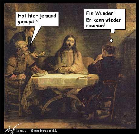 Cartoon: Ein Wunder (medium) by Anjo tagged jesus,wunder,pups,riechen,rembrandt,emmaus