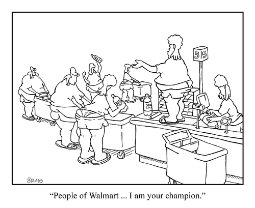 Cartoon: checkout (medium) by creative jones tagged flipflops,jones,creative,walmart,of,people,walmart,handel,verkauf,shoppen,lebensmittel,personal,supermarkt,arbeit,job