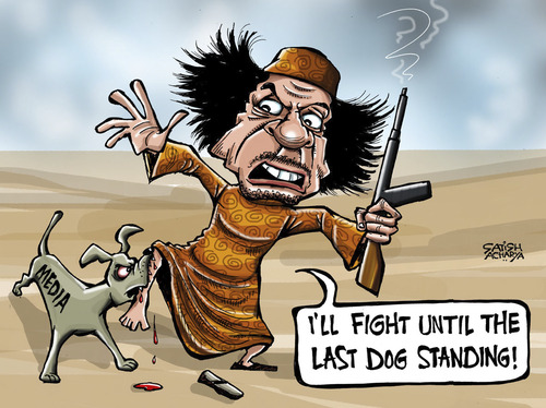 Cartoon: Gaddafi calls media dogs (medium) by Satish Acharya tagged gaddafi,libya,foreign,media,arab,world