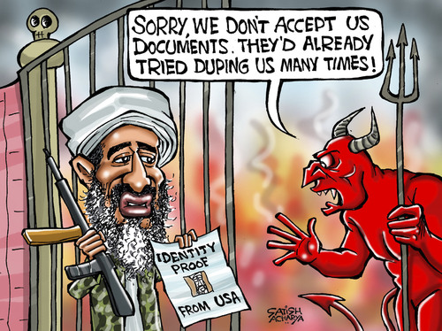Cartoon: Osama faces identity crisis (medium) by Satish Acharya tagged osama,obama,usa