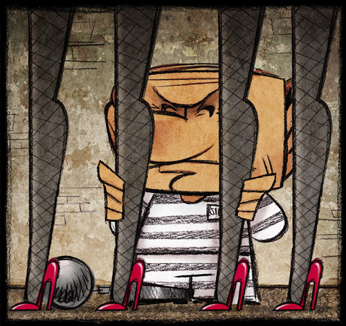 Cartoon: Berlusconi (medium) by Giacomo tagged berlusconi,silvio,prison,jail,bars,prostitution,legs,money,policy,italy,women,minors,heels,socks,lombrio,giacomo,cardelli