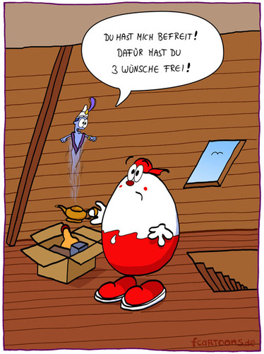 Cartoon: Dachbodenfund (medium) by Frank Zimmermann tagged dachboden,ei,flaschengeist,lampe,speicher,treppe,wünsche,ü,überrschungsei