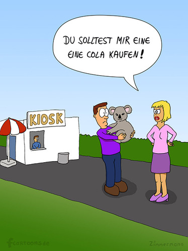 Cartoon: Fehlkauf (medium) by Frank Zimmermann tagged fehlkauf,mann,frau,kiosk,koala,bär,cola,schirm,wut