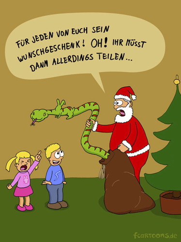 Cartoon: Nikolaus (medium) by Frank Zimmermann tagged nikolaus,santa,xmas,weihnachten,rot,sack,tannenbaum,mädchen,junge,kinder,schlange,kaninchen,weinen,teilen,cartoon,fcartoons