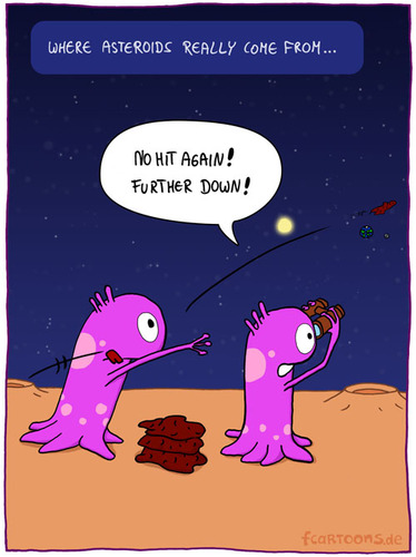 Cartoon: ORIGIN OF ASTEROIDS (medium) by Frank Zimmermann tagged origin,asteroid,earth,moon,space,alien,aliens,hit,down,outer