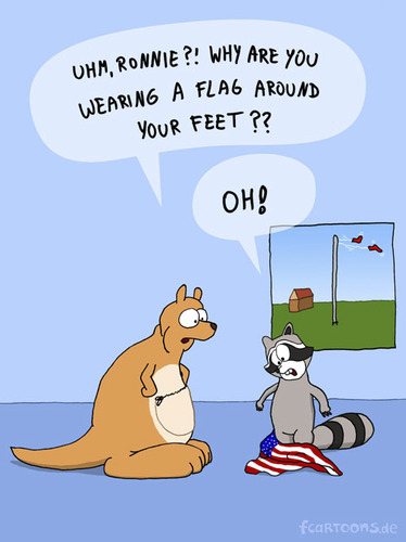 Cartoon: Ronnie and Nick (medium) by Frank Zimmermann tagged ronnie,nick,fcartoons,kangaroo,raccoon,flag,socks,feet,stupid,känguru,waschbär,doof,flagge