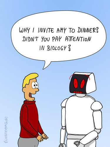 Cartoon: STUPID QUESTION (medium) by Frank Zimmermann tagged ask,cartoon,date,dinner,question,robot,story,tell,invite
