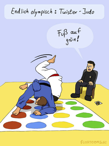 Cartoon: Twister Judo (medium) by Frank Zimmermann tagged fcartoons,gürtel,sport,stuhl,blau,rot,gelb,grün,matte,judoka,anzug,fuß,richter,judo,twister