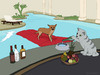 Cartoon: Alzira (small) by Frank Zimmermann tagged alzira,dog,pool,hund,matratze,cat,katze,swimmingpool,diener,flasche,whisky,hotel,cartoon,fcartoons