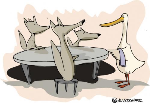 Cartoon: CHOOSE (medium) by ali tagged screwball,goose,fox,meal,lunch,gastronomie,wirt,kellner,gans,fuchs,wolf,jäger,fleisch,bestellung,gefahr,risiko,mahlzeit,lebensmittel,karnivore,fleischfresser,beutetier,trinkgeld,begegnung,konflikt