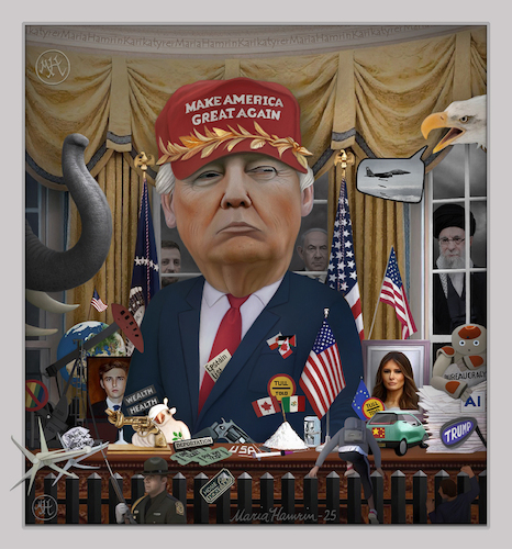 Cartoon: Donald Trump (medium) by Maria Hamrin tagged caricature,karikatyr,cartoon,usa,america,president,chief,leader,politican,republican,americaneagle,bombs,khameinei,netanyahu,zelensky,washington,whitehouse,melania,barron