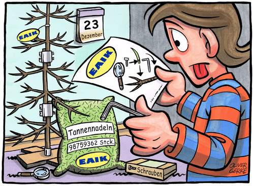 Cartoon: IKEA - Weihnachtsbaum (medium) by Oliver Gerke tagged weihnachten,weihnachtsbaum,ikea,basteln,bauen,tanne,schrauben,imbus,lupe,dezember,tannenbaum