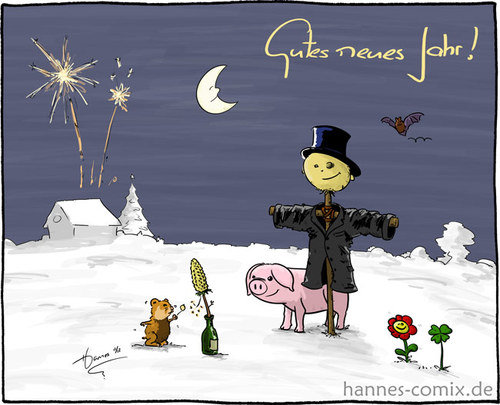 Cartoon: gutes neues Jahr (medium) by Hannes tagged winter,vogelscheuche,sylvester,schwein,neujahr,mais,klee,hamster,fledermaus