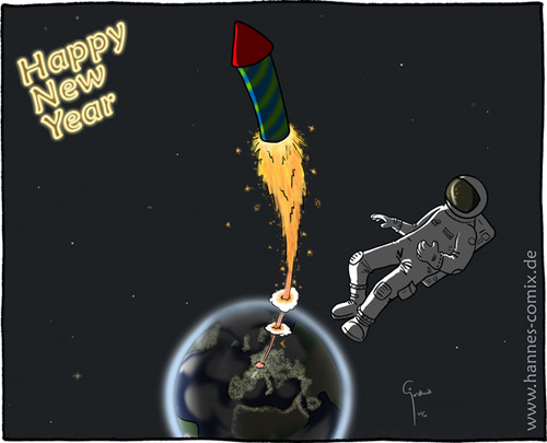 Cartoon: happy new year (medium) by Hannes tagged happy,new,year,weltall,weltraum,space,astronaut,erde,rakete,sylvester,neujahr