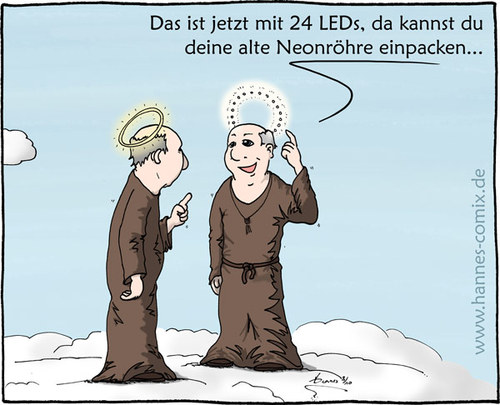 Cartoon: Heiligenschein (medium) by Hannes tagged heiligenschein,himmel,engel,priester,heilige,led,neonröhre,licht,energiespar