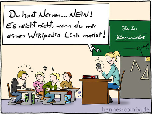 Cartoon: Klassenarbeit (medium) by Hannes tagged handy,klassenarbeit,lehrer,schule,schüler,smartphone,spicken,spickzettel,wikipedia